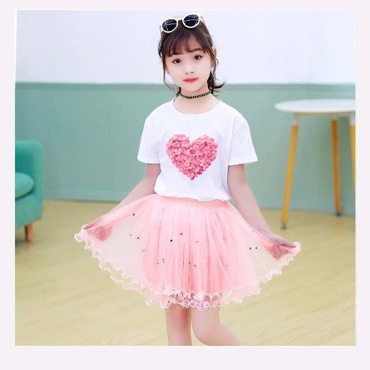 Roupas de verão para meninas, camiseta fofa de gato e saia tutu de malha, conjunto de duas peças, roupas coreanas para crianças de 3 a 14 anos