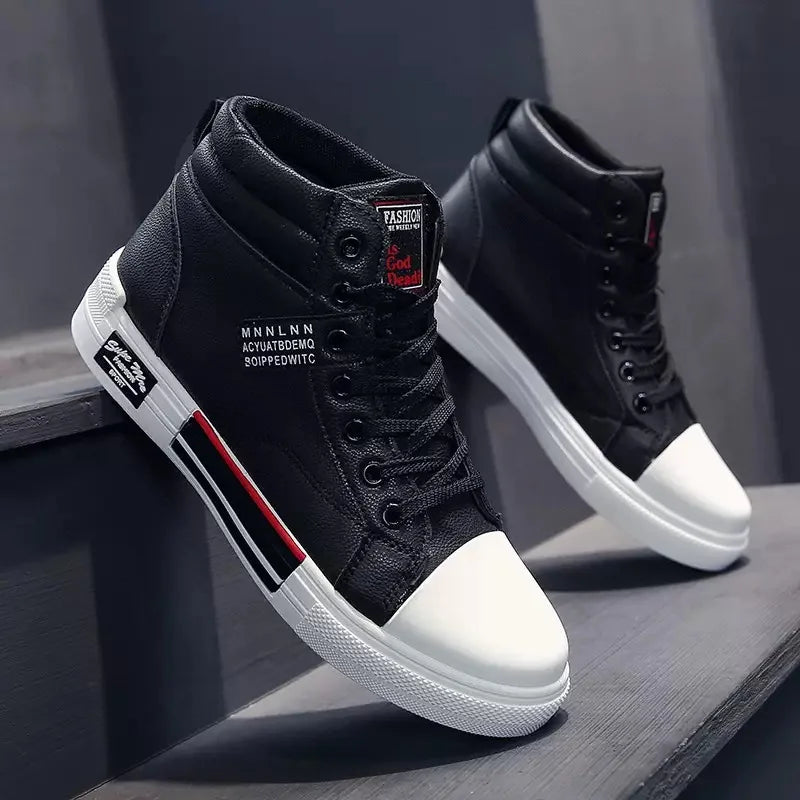 Sapato de lona respirável casual masculino, tênis de cano alto, sapato vulcanizado com renda, sapatilha antiderrapante, na moda
