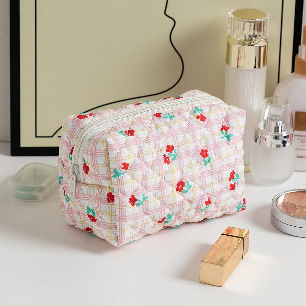 Sacos de maquiagem florais acolchoados com zíper bonito impressão flor organizador de armazenamento acessório de maquiagem saco de higiene pessoal grande saco de cosméticos feminino