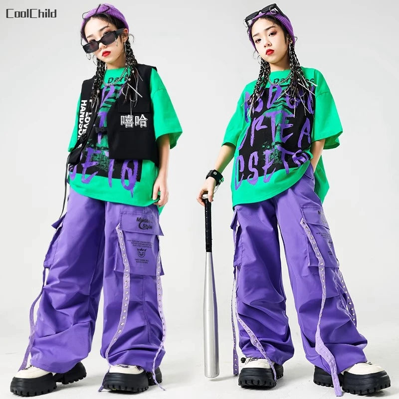 Conjunto de camiseta e calças infantis legais, trajes de jazz, Hip Hop Streetwear, roupas femininas, moda feminina, corredores de rua, colete infantil
