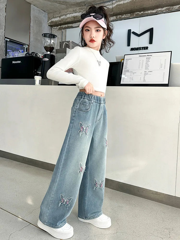 Coreano menina perna larga jeans com lindas borboletas crianças cintura alta solta calças jeans adolescente casual jeans crianças
