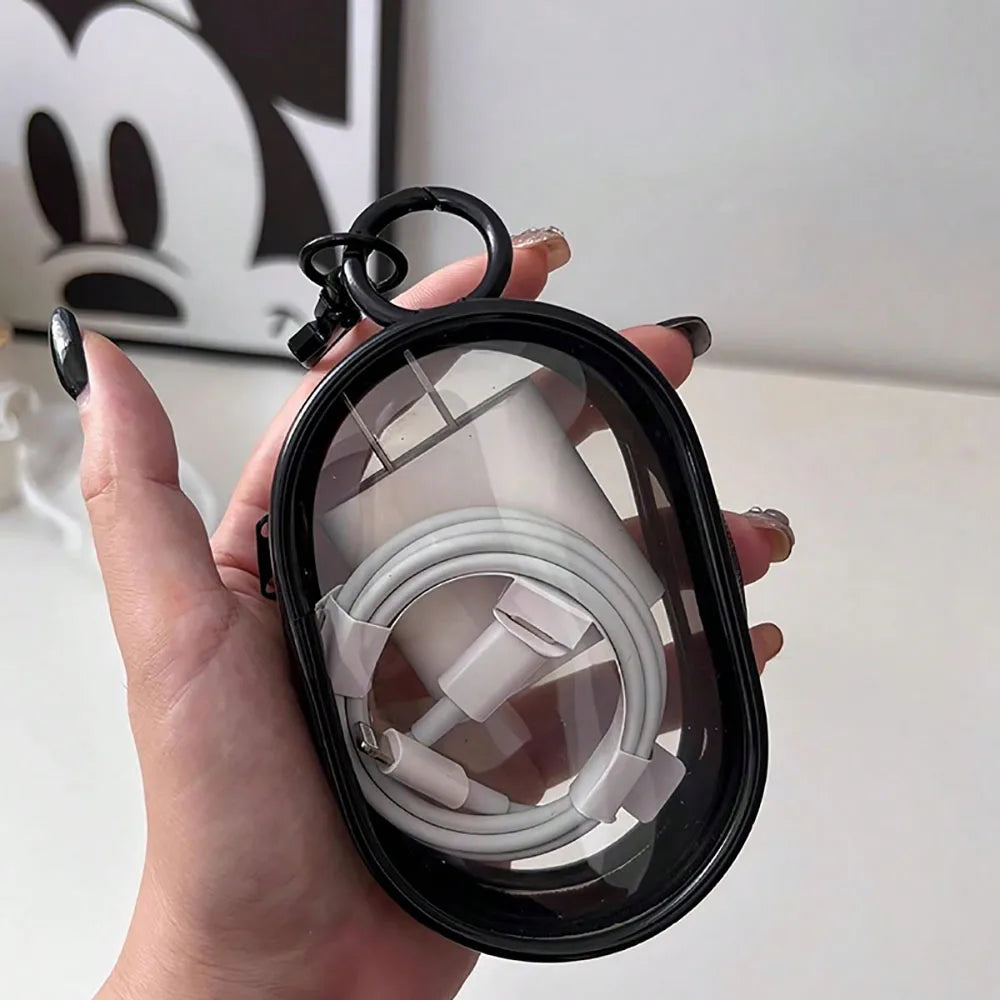 Mini saco de armazenamento com zíper transparente, chaveiro portátil, boneca de desenho animado, organizador de brinquedos para fones de ouvido, carregadores, cabo de dados, sacos de presente