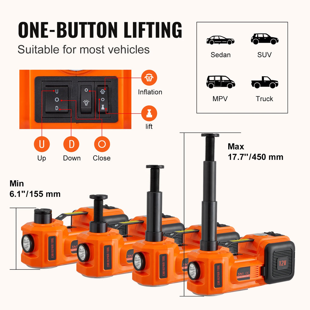 SucceBuy 5T Gato Hidráulico para Carro Elétrico com Chave de Impacto Elétrica Bomba Inflável Embutida, Luz LED para Caminhão Sedan SUV