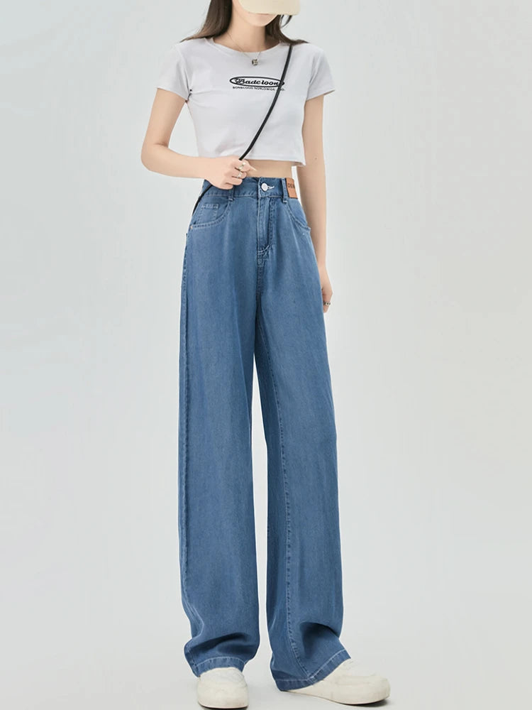 Jeans de cintura alta de seda gelo feminino, verão, azul, solto, perna larga, elegante, simples, lazer, todos os fósforos, diário, na moda, chique, moda coreana