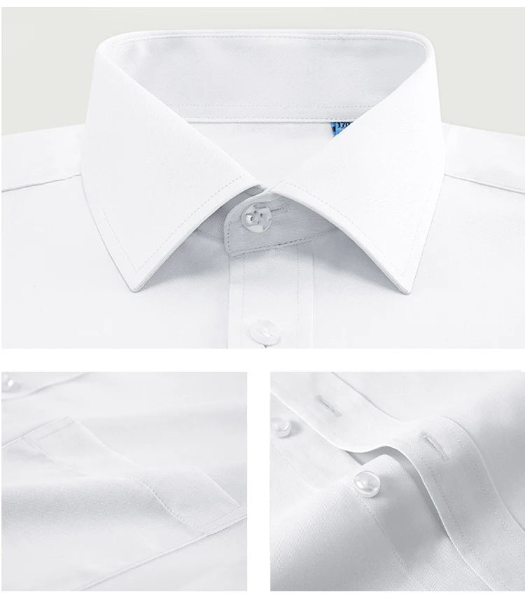 Camisas sociais masculinas clássicas de manga comprida, ajuste padrão, formal, negócios, social, simples, design básico, branco, trabalho, escritório, camisa casual