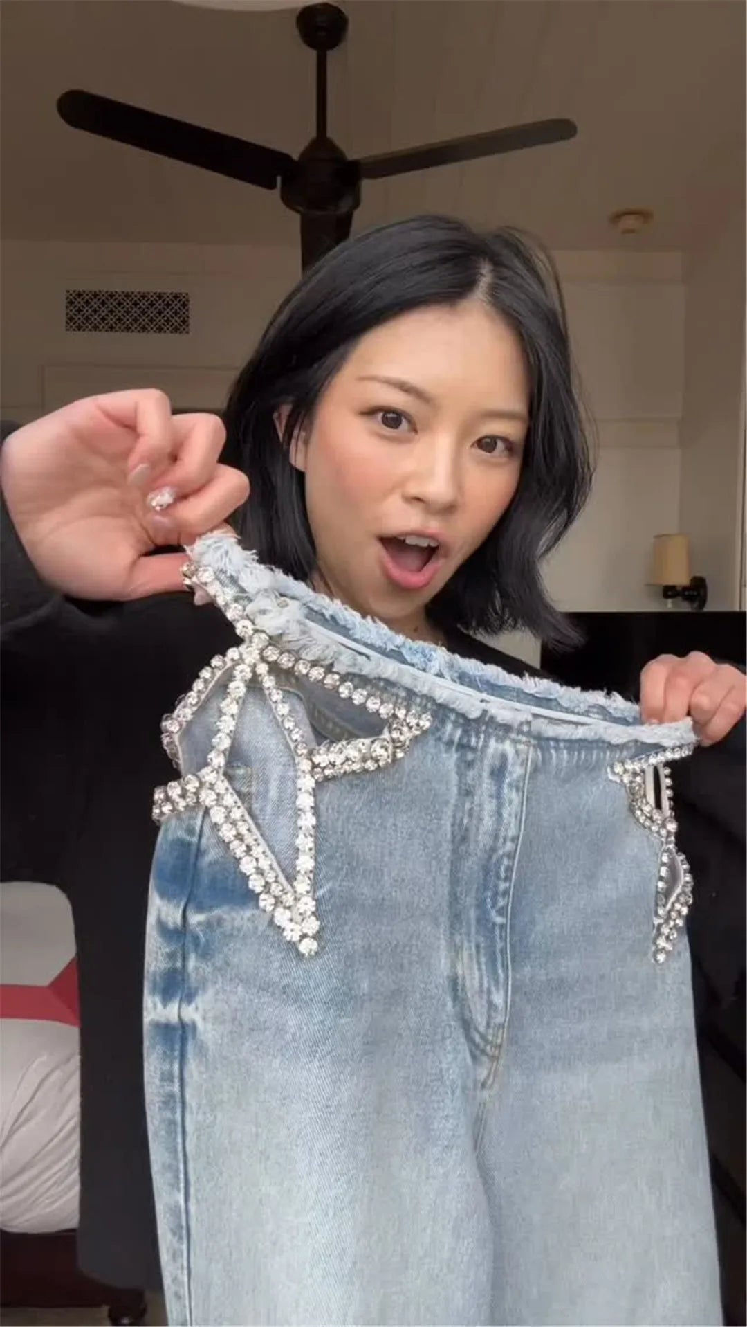 Calça Jeans Feminina Y2K Chic com Estrelas e Diamantes, Cintura Baixa, Recortes Laterais, Perna Larga Solta, Estilo Hip-Hop Streetwear Retrô Elegante