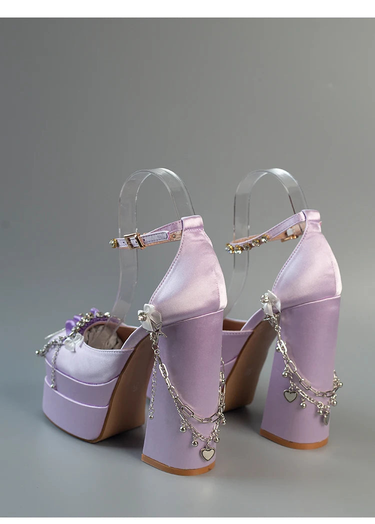 Cruz Japonesa Rhinestone Lolita Salto Alto para Mulheres, Corrente de Metal, Casamento da Noiva Rosa, Doce Sapatos Y2k Mary Jane, Salto Plataforma para Menina