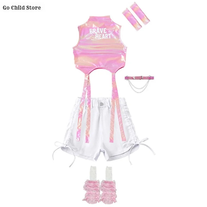 Meninas k-pop brilhante colheita superior calças de carga shorts de dança de rua crianças hip hop jazz conjuntos de roupas crianças streetwear menina grupo traje