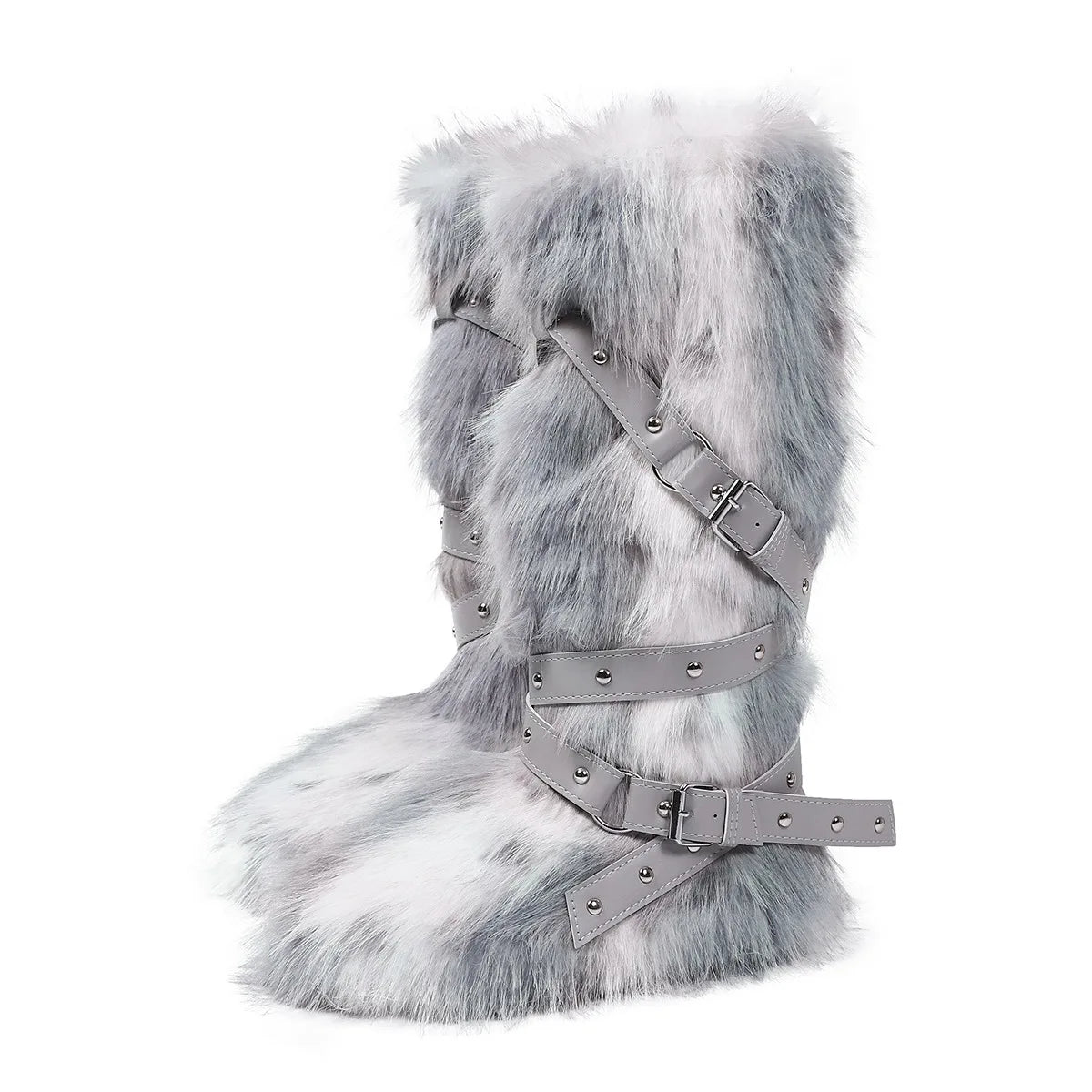 Botas femininas felpudas até o joelho |   Calçado de inverno com detalhes multi-fivela, texturas de leopardo e shearling