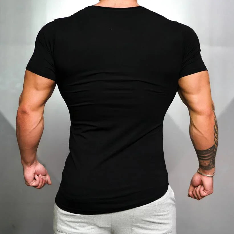 Camiseta apertada masculina Slim Fit Fitness, roupa sólida, top de algodão, musculação branca, verão, academias, marca