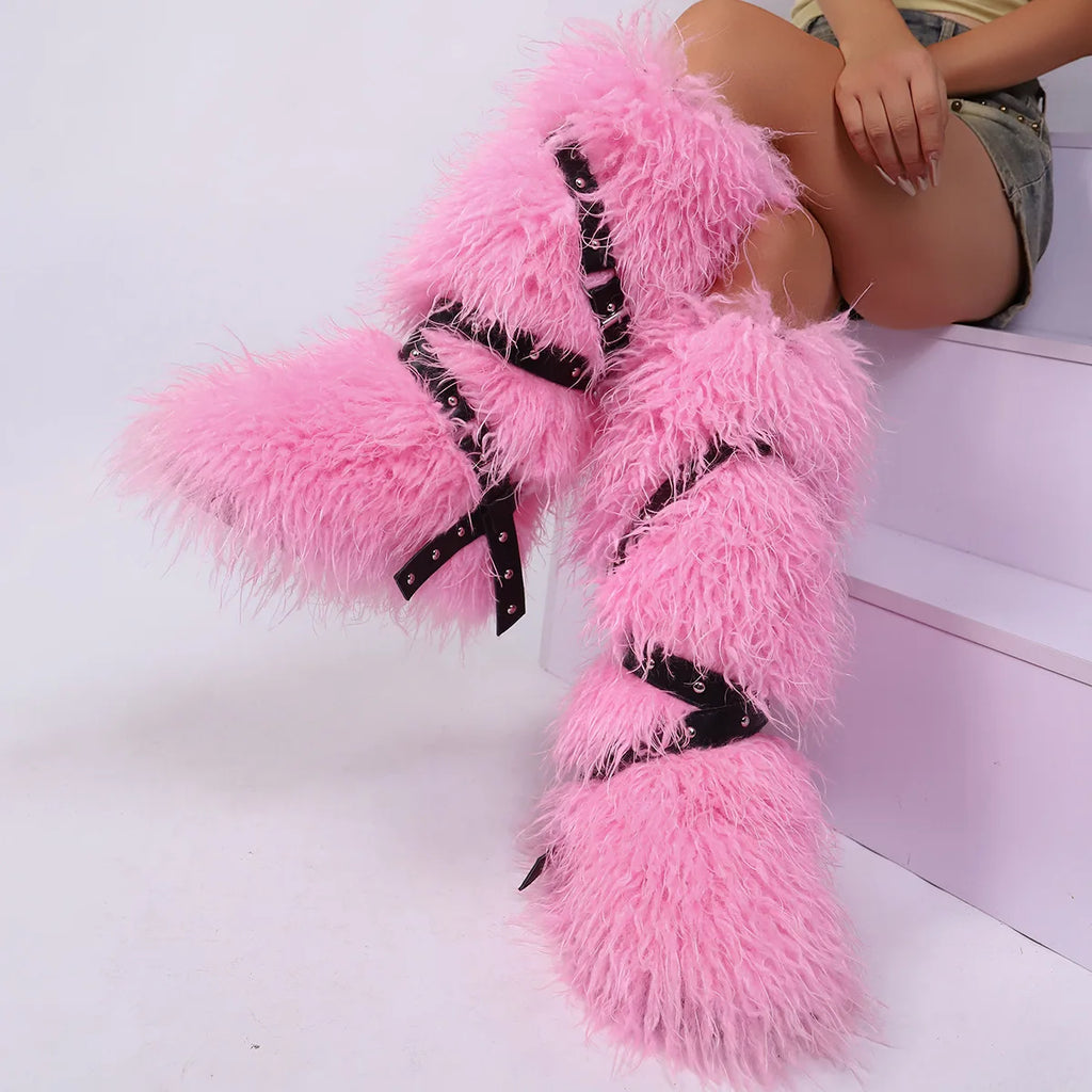 Botas femininas felpudas até o joelho |   Calçado de inverno com detalhes multi-fivela, texturas de leopardo e shearling