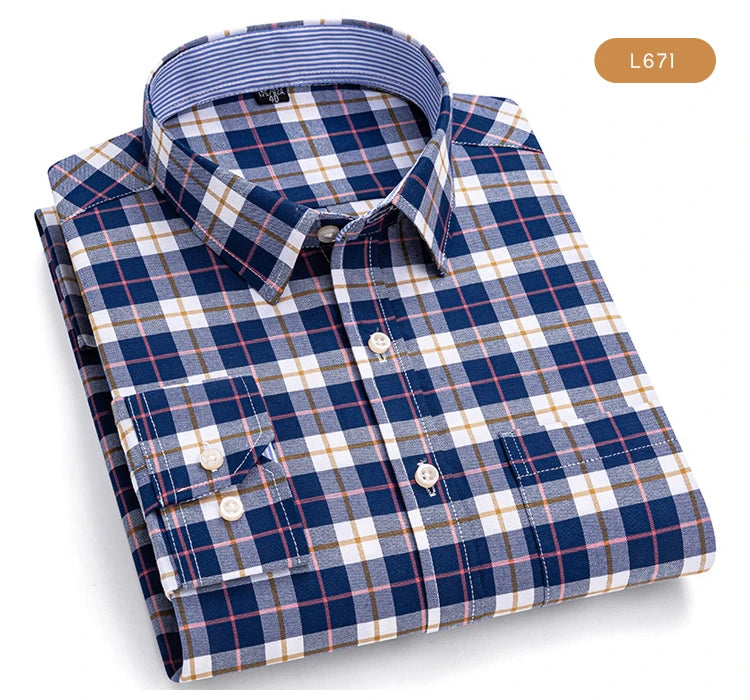 Camisas de vestido de algodão com design de gola de lapela listrada xadrez na moda masculina, camisa casual de manga comprida com botões para primavera/outono