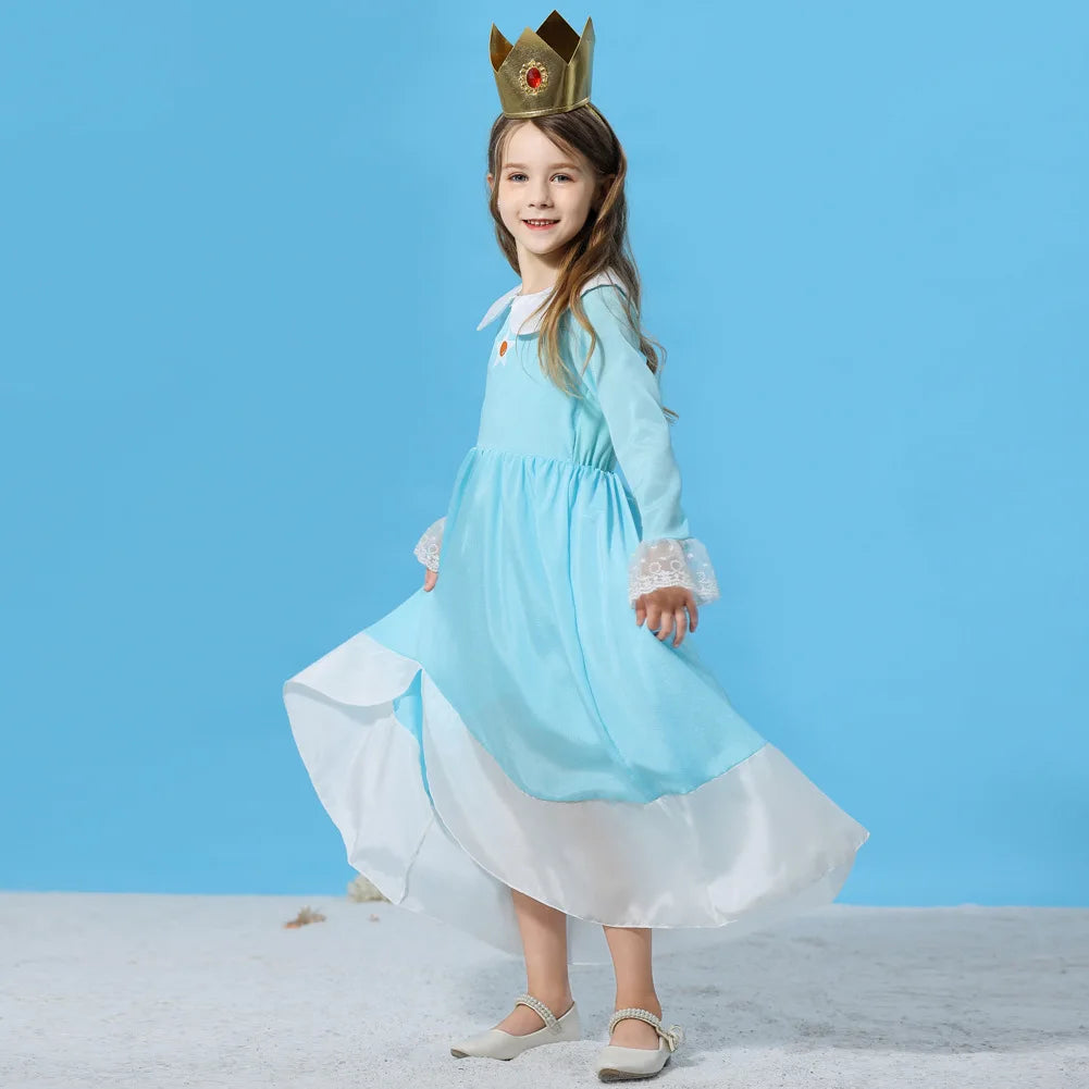Pêssego rosalina vestido meninas margarida cosplay roupas crianças halloween vestir-se roupas de verão rendas applique princesa traje