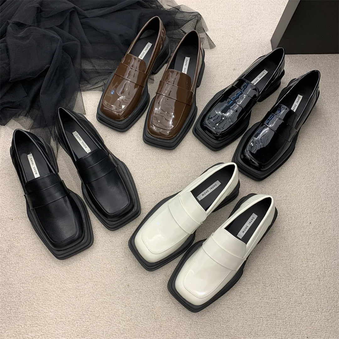 Estilo britânico fundo grosso primavera outono cabeça quadrada retro mocassins sapatos femininos casuais deslizamento na plataforma mocassins senhoras bombas