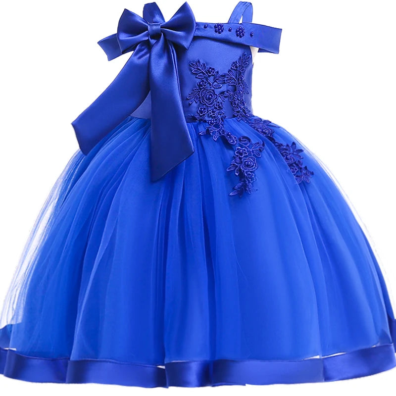 Apliques Femininos Flor Elegante Vestido de Noiva com Laço, Vestidos de Festa de Natal Infantil, 3 a 10 anos