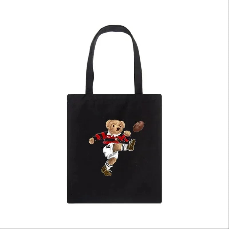 Moda urso impressão eco mulheres sacos de ombro bolsa feminina lona saco de compras casual grandes senhoras viagem totes sacos