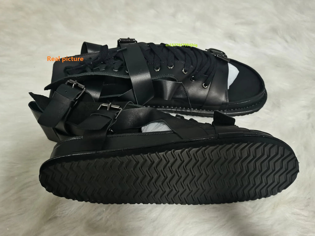 Tuziblobo sandálias masculinas de couro legítimo, roma, sapatos preto, sandálias gladiador, high-top, chinelos de verão para homens
