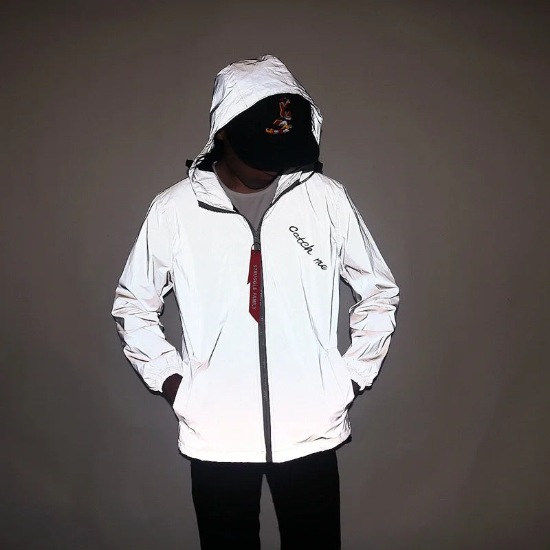 Jaqueta reflexiva completa masculina casual feminino blusão hip hop casaco com capuz à prova dwaterproof água impresso streetwear noite jaquetas brilhantes 5xl