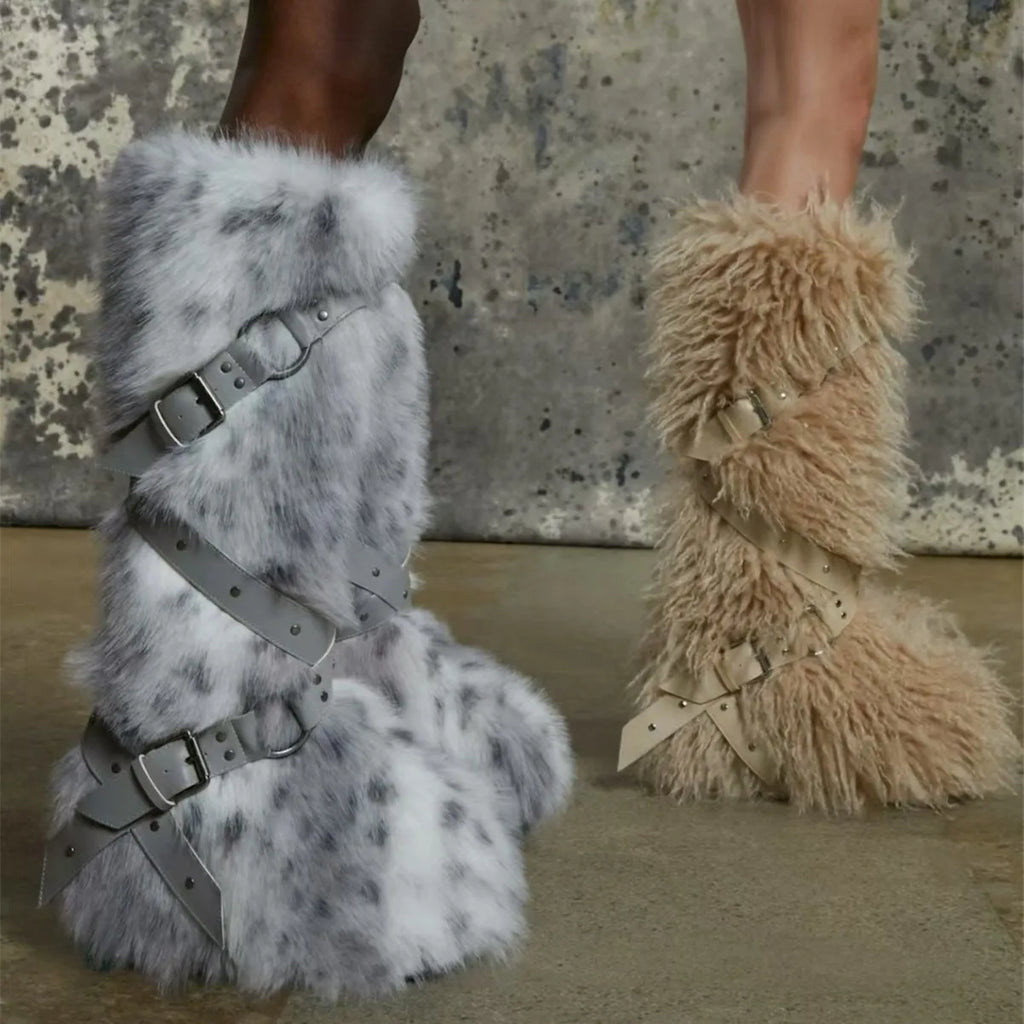Botas femininas felpudas até o joelho |   Calçado de inverno com detalhes multi-fivela, texturas de leopardo e shearling