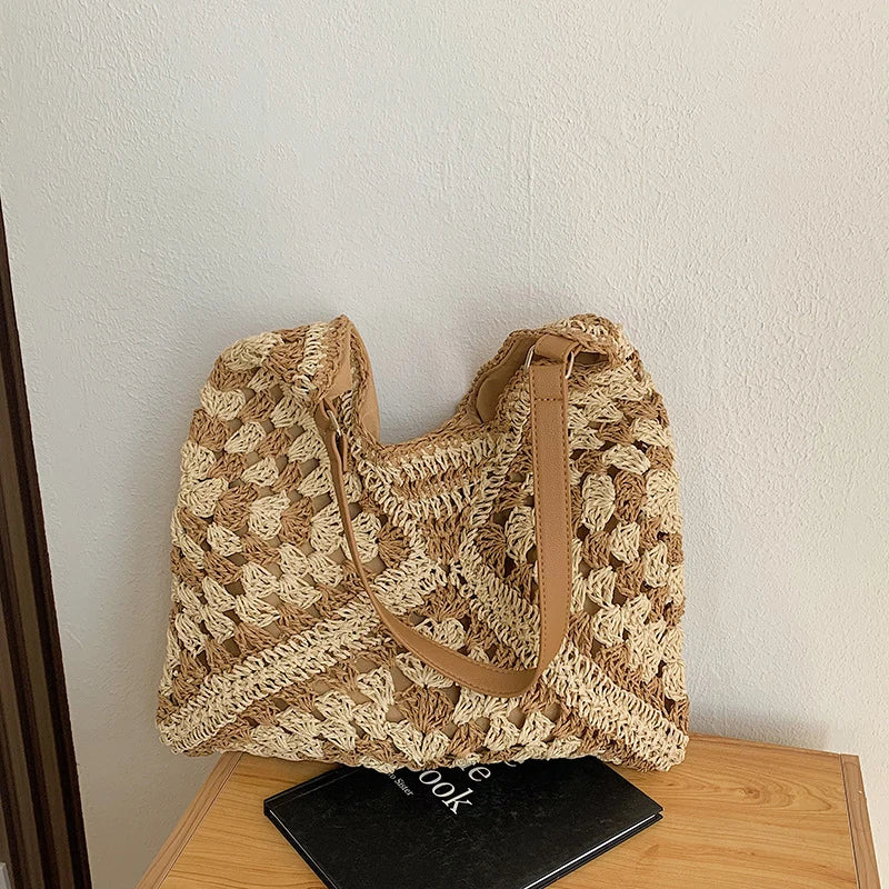 Bolsa de ombro de palha tecida feminina popular bolsa de tamanho médio com alça para férias na praia