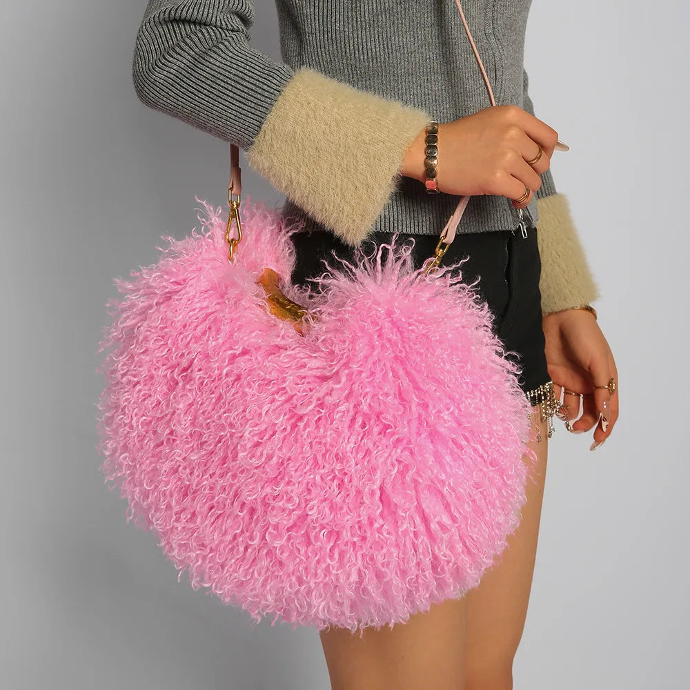 Moda feminina longa pele lã saco praia falso lã pele bolsa de ombro senhoras peles falsas bolsa luxo mongol ovelhas sacos de pelúcia