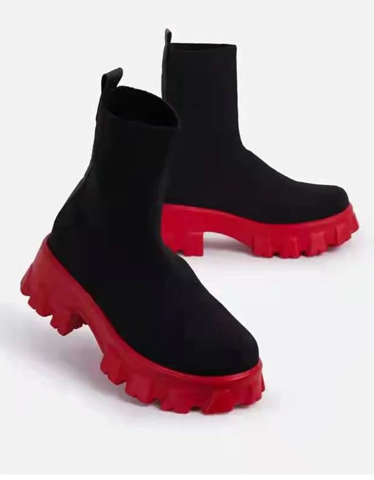 Botas femininas botas de plataforma elástica respirável primavera verão saltos botas mujer deslizamento em botas de tornozelo mulher elegante sapatos de salto