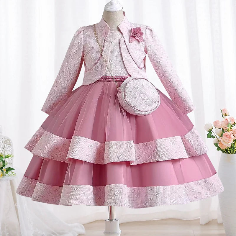 Novo outono/inverno vestido de festa de manga longa elegante menina bordado vestido de desempenho de natal saco de presente para crianças de 3 a 11 anos