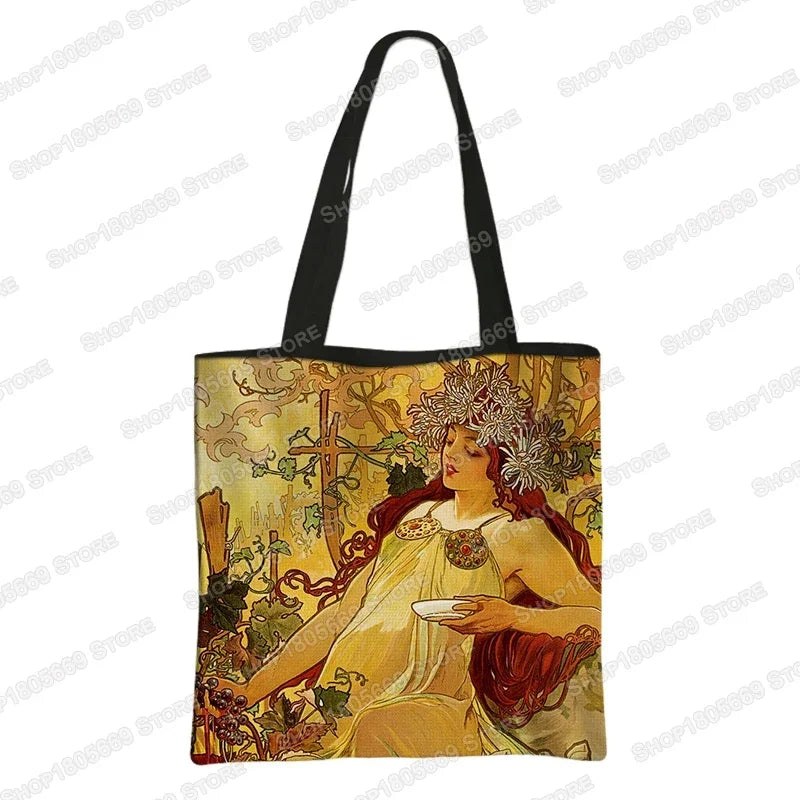 Alphonse Beauty Print Bolsa para Mulheres, Sacos De Compras De Armazenamento Reutilizável, Totes Casuais, Pintura A Óleo, Elegante Senhoras Tote