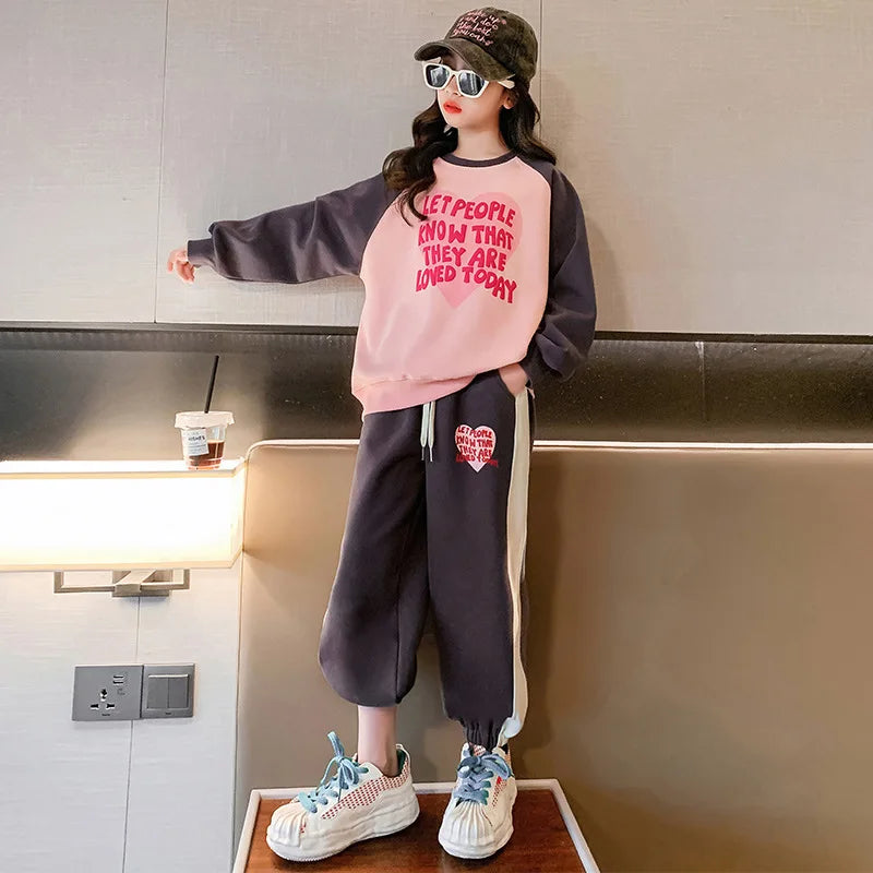 Meninas adolescentes agasalho outono inverno velo grosso quente moletom duas peças crianças conjunto de roupas escola casual roupas esportivas 5-14y
