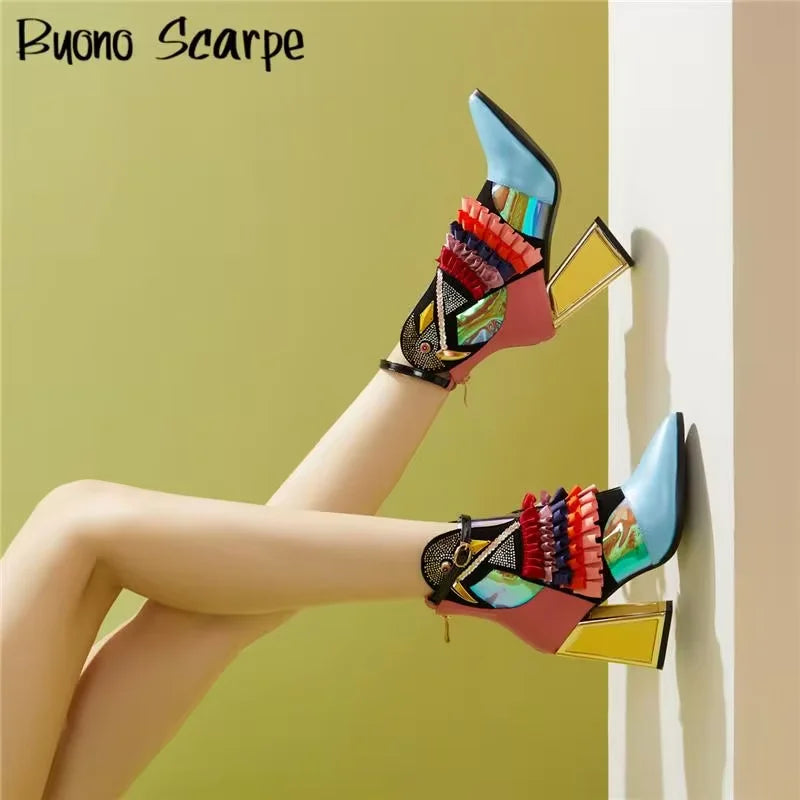 Botas femininas de cor misturada novetly dedo do pé apontado plataforma de fundo grosso botas de tornozelo feminino blingbling sapatos mujer moderna bota todos os jogos