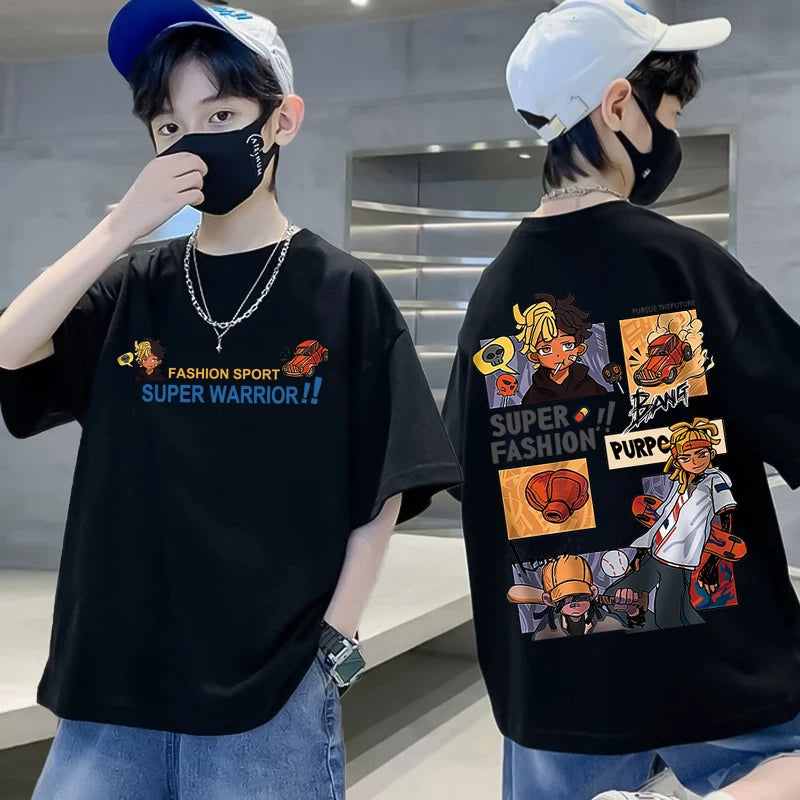 Graffiti impressão camiseta de manga curta infantil, 100% algodão, verão streetwear, meninas tees, crianças tops, roupas de crianças, alta qualidade