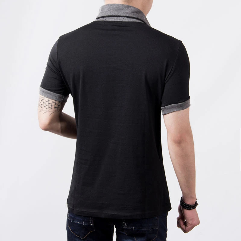 Novas Camisetas Masculinas Plus Size de Verão 2026, Moda Slim, Manga Curta, Patchwork, Decote em V, Camiseta Preta de Algodão para Homens