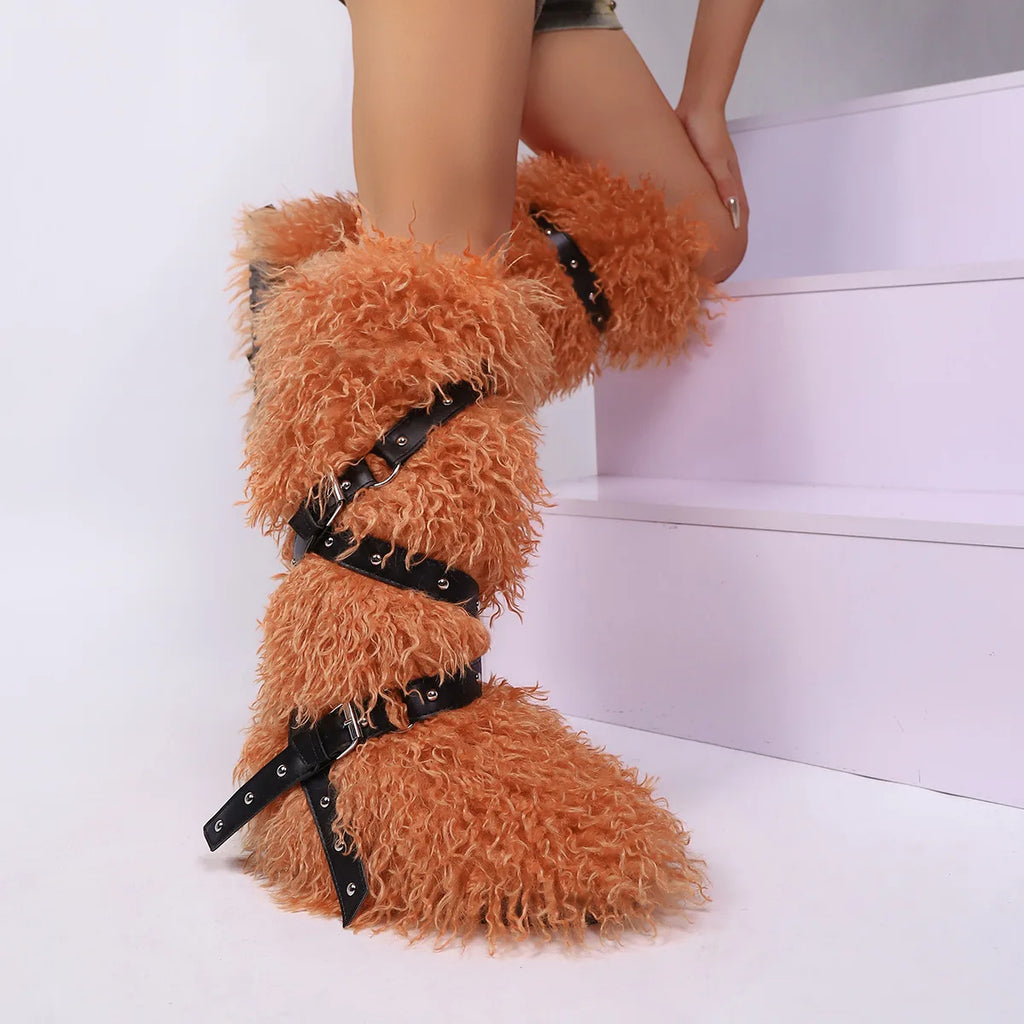 Botas femininas felpudas até o joelho |   Calçado de inverno com detalhes multi-fivela, texturas de leopardo e shearling