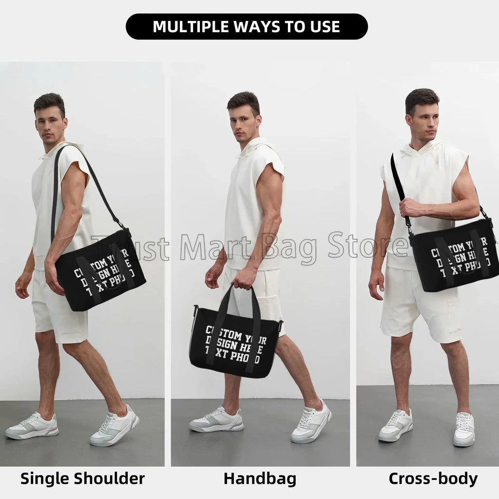 Personalize seu design texto foto impressão duffle sacos personalizado durável fim de semana durante a noite saco para mulheres homens saco de bagagem de viagem
