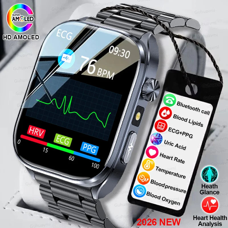 Novo Smartwatch 2026 com ECG Preciso, Análise de Saúde Cardíaca, Análise de Sangue, Lipídios no Sangue, Pressão Arterial e Chamada Bluetooth para Homens
