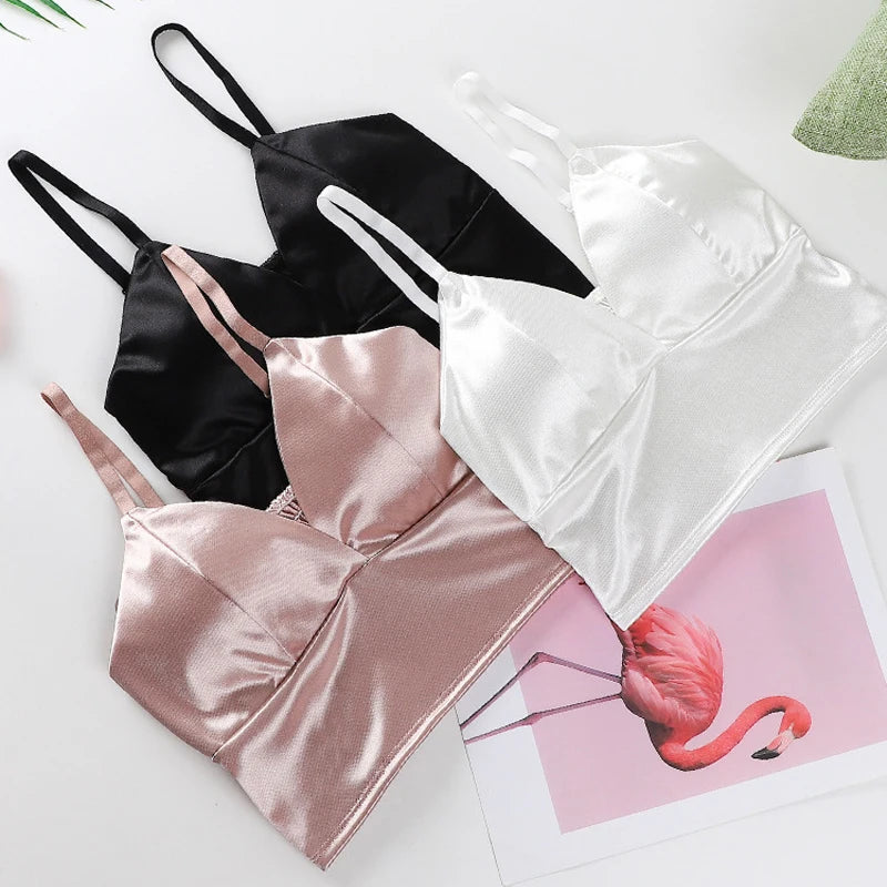 Sexy tops de cetim para mulheres, bralette sem fio, top de crochê, alça de espaguete feminina, camiseta cortada com peito, camisola acolchoada