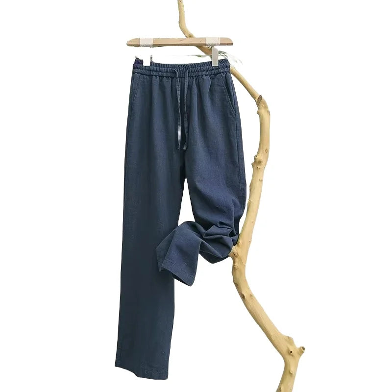 Linho natural pele pura respirável verão cor pura moda linho fino ajuste masculino solto linho reto calças casuais