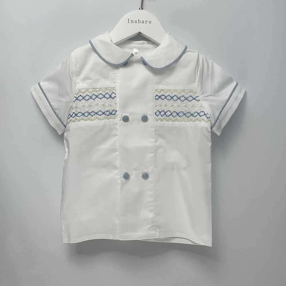 Roupa de boutique infantil, artesanal para menino, conjunto bordado, algodão azul, manga curta, roupa de irmãos, batizado, aniversário