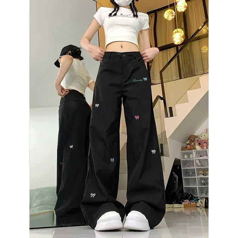 Arco bordado calças de brim femininas cintura alta vintage em linha reta baggy calças jeans coreano harajuku preppy branco perna larga denim