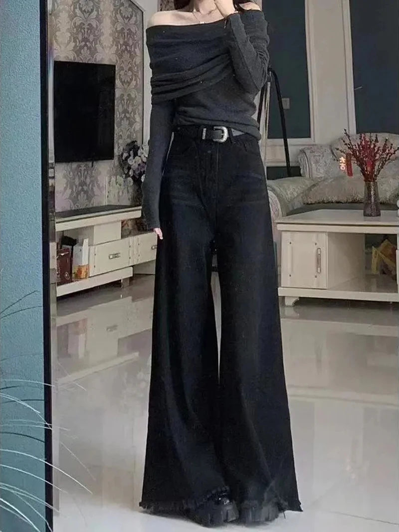 Preto perna larga jeans feminino outono vintage borda crua borlas bootcut calças jeans soltas cintura alta streetwear harajuku novo