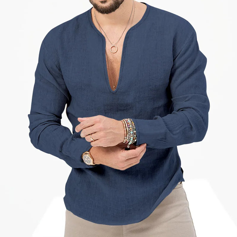 Camiseta Masculina de Linho de Manga Longa 2026 Henry, Slim Fit, Cor Sólida, Tamanho Grande Europeu e Americano, Gola V Profunda
