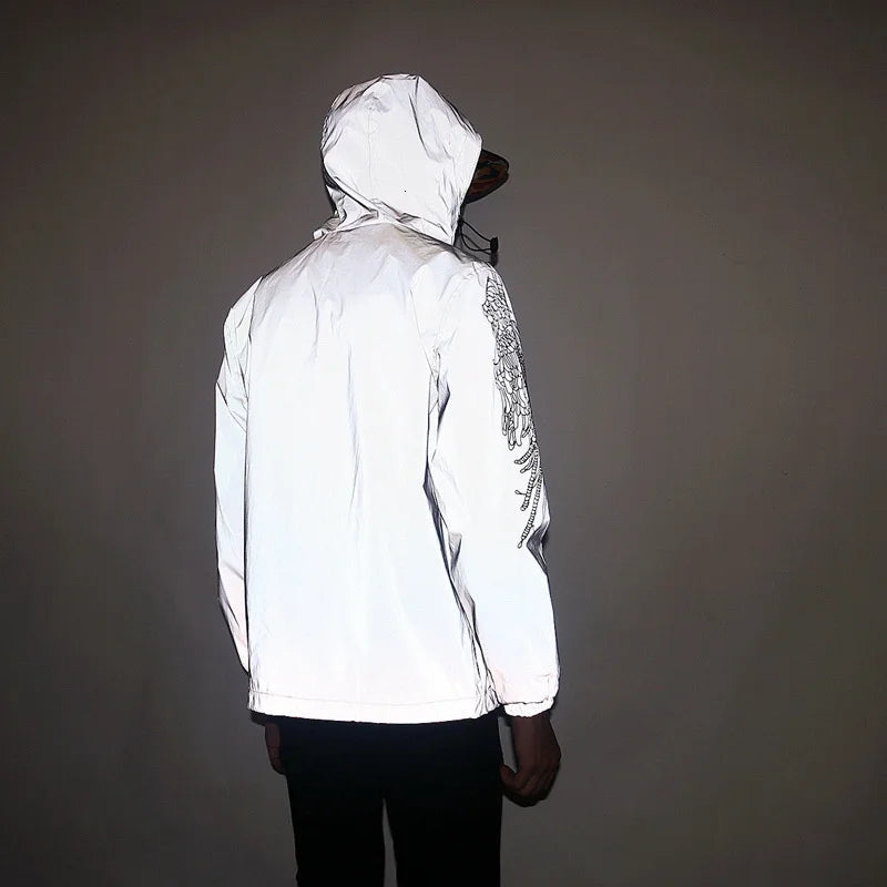 Jaqueta reflexiva completa masculina casual feminino blusão hip hop casaco com capuz à prova dwaterproof água impresso streetwear noite jaquetas brilhantes 5xl
