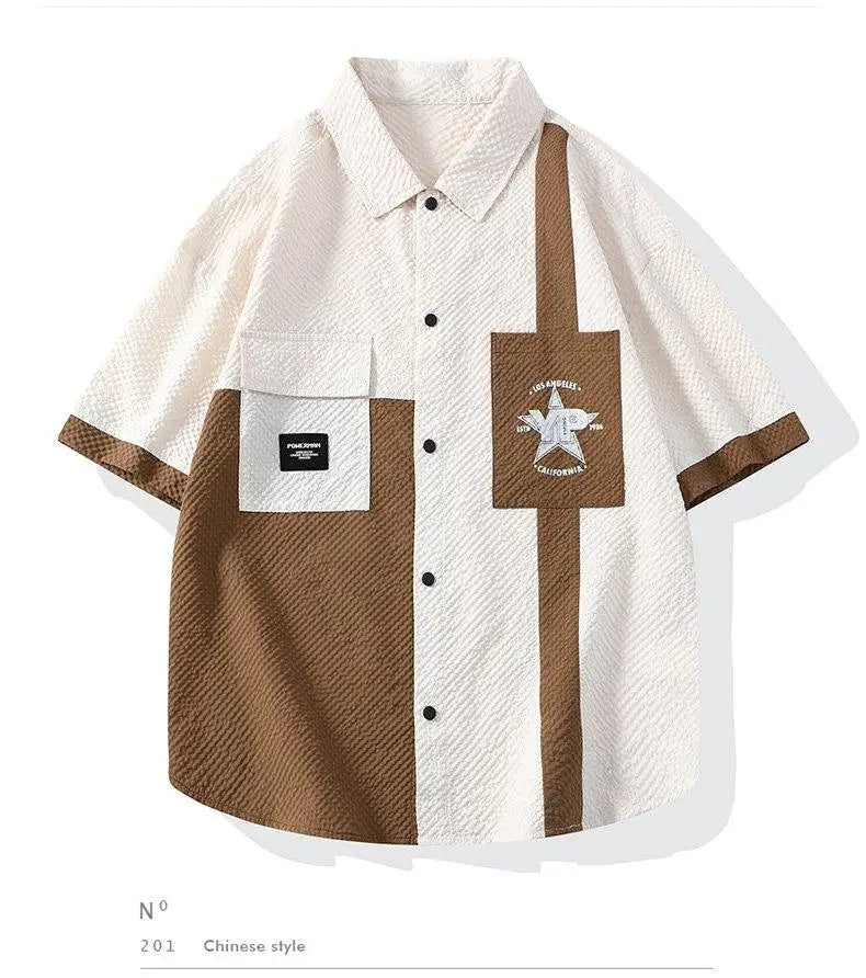 Conjunto Casual Masculino de Linho e Algodão, Camisa de Manga Curta com Colarinho e Calças Largas, Traje de Verão com Bordado Floral