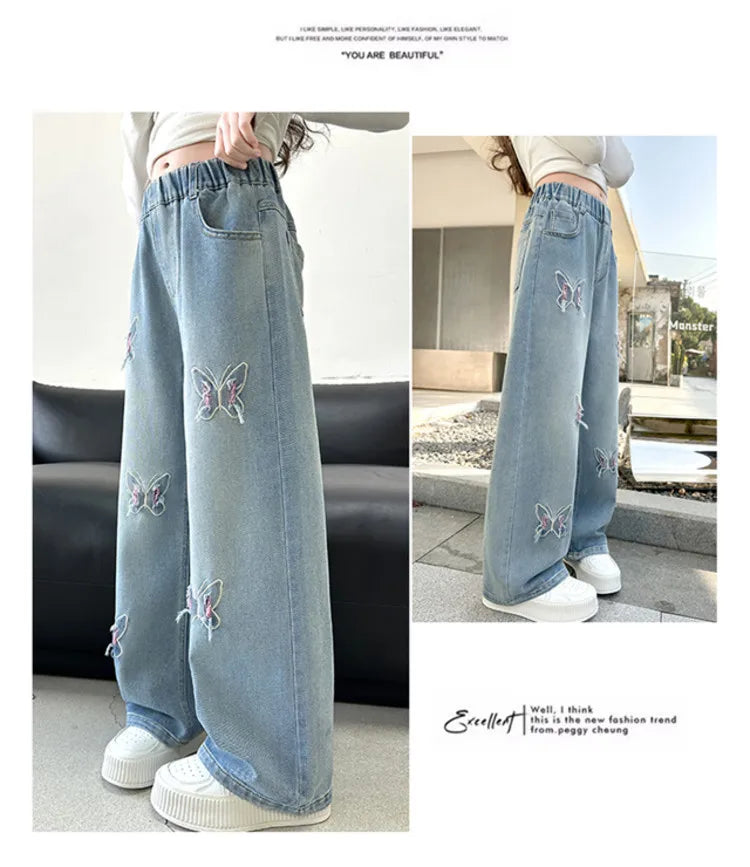 Coreano menina perna larga jeans com lindas borboletas crianças cintura alta solta calças jeans adolescente casual jeans crianças