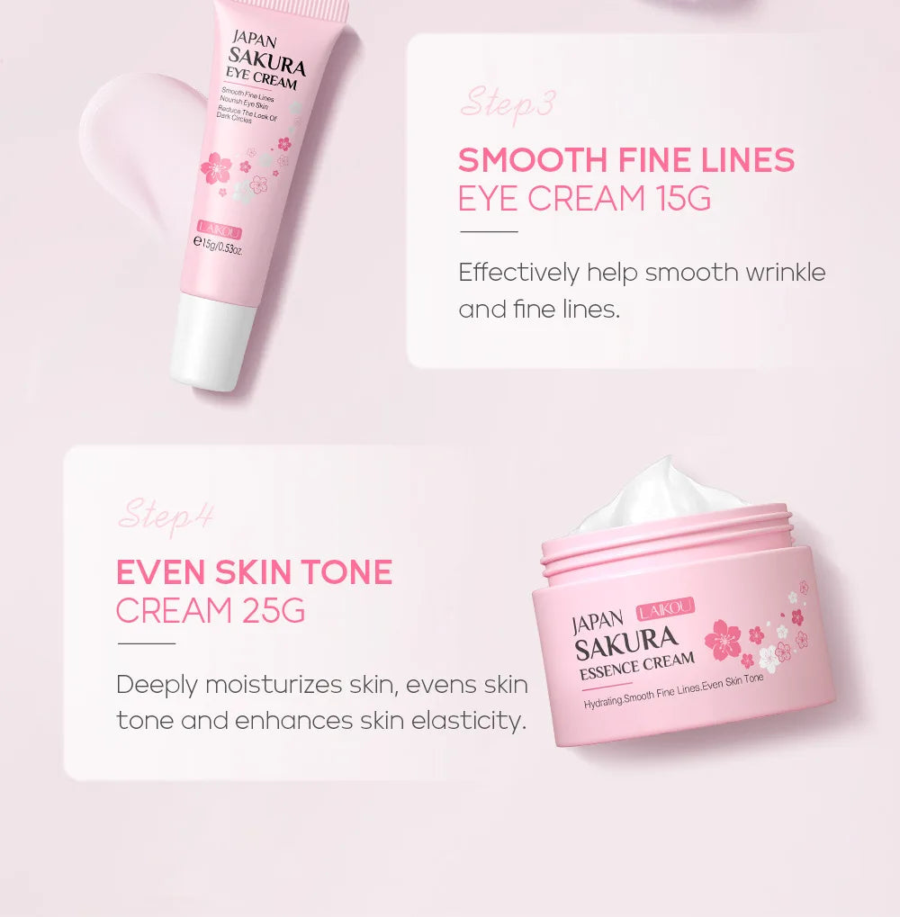 Conjuntos de cuidados com a pele Laikou Sakura com limpador, sérum, creme para os olhos, creme essencial, produtos de beleza para mulheres, presente de Natal.