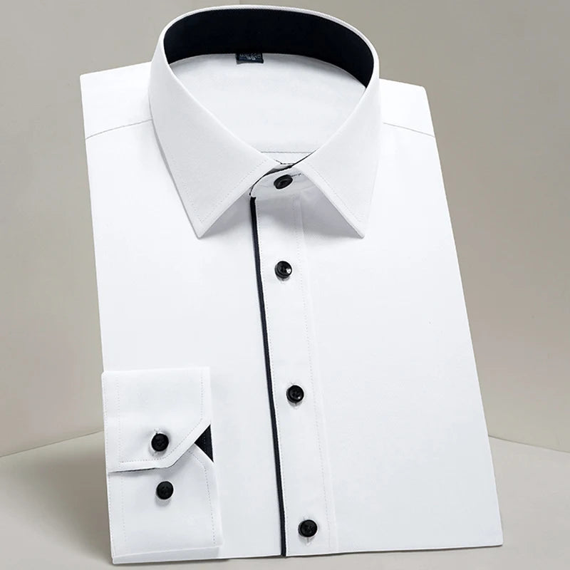 Camisas sociais masculinas clássicas de manga comprida, ajuste padrão, formal, negócios, social, simples, design básico, branco, trabalho, escritório, camisa casual