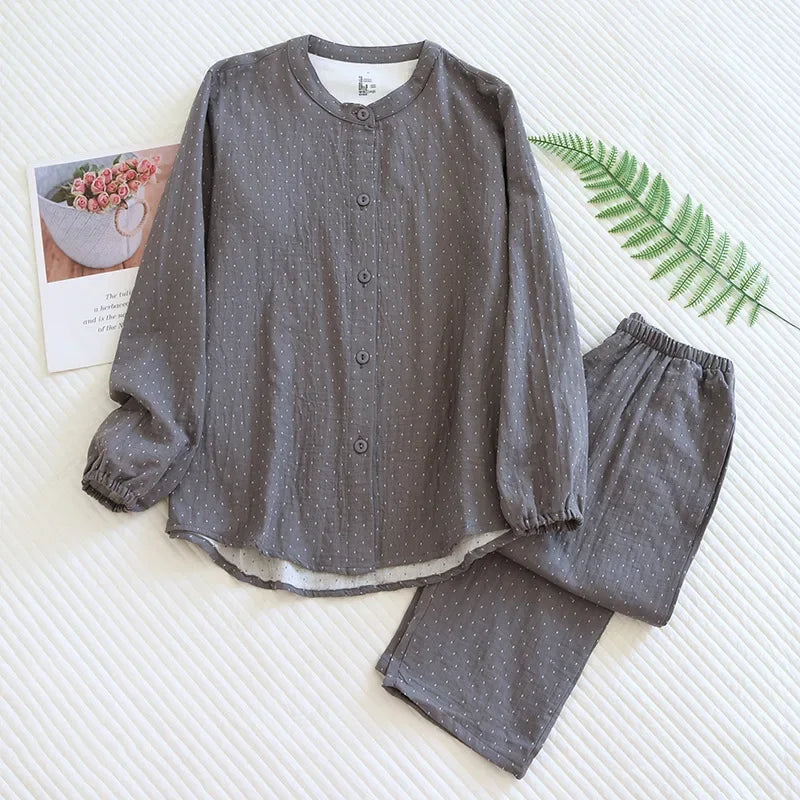 Algodão feminino polka dot pijama define fio-tingido gaze manga longa calças loungewear casual simples pijamas em torno do pescoço nightwears