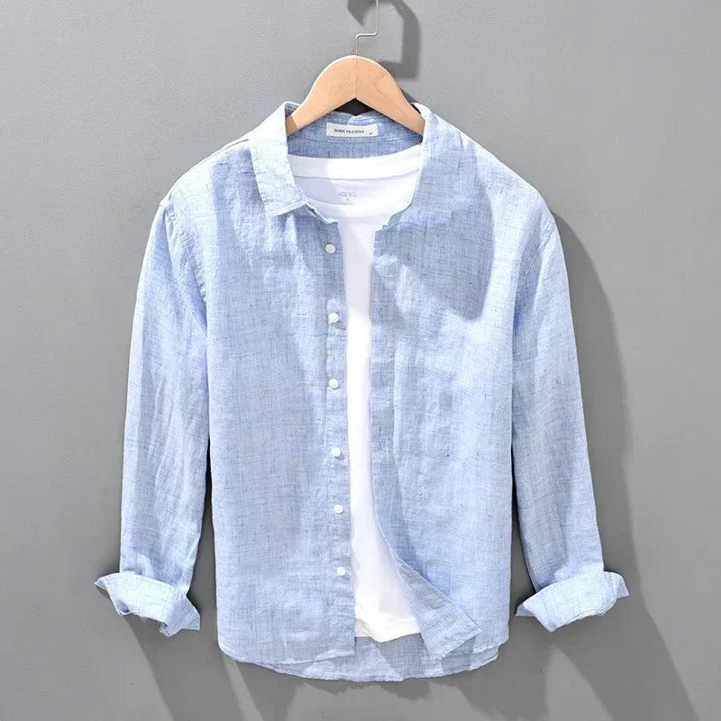 Camisa de linho respirável masculina, Top manga comprida, encaixe solto, Roupa extragrande, coreano sazonal