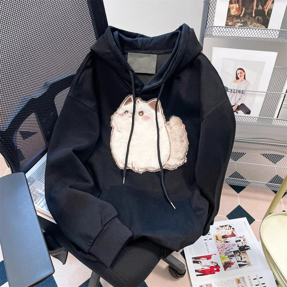 2025 primavera outono feminino casais roupas dos desenhos animados bordado adorável 3d gato impressão pulôver hoodies moletom feminino casaco com capuz