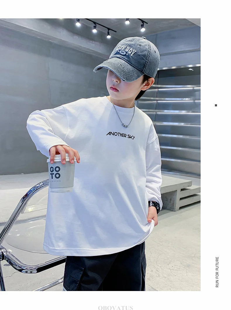 Nova primavera crianças manga longa camiseta de algodão para meninos solto estilo breve tshirt adolescentes crianças escola camisetas roupas de moda do bebê